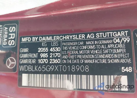 1999 Mercedes-Benz Clk 320 z USA, uszkodzony, nr VIN WDBLK65G9XT018908